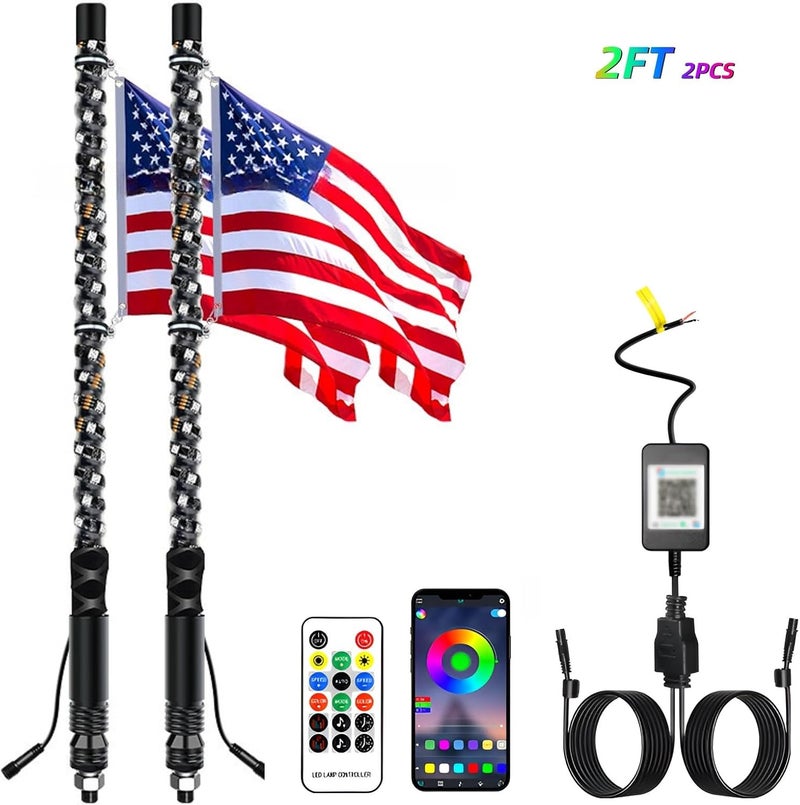 S7 2PCS 2FT Led Whip Light/Spiral RGB Remote Control Lighted Antenna Whips for Can-am ATV UTV RZR Polaris Dune Buggy 4-Wheeler Offroad Truck (2FT) - Image 2